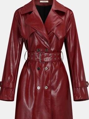COMMENSE Red Faux Leather Trench Coat with Belt